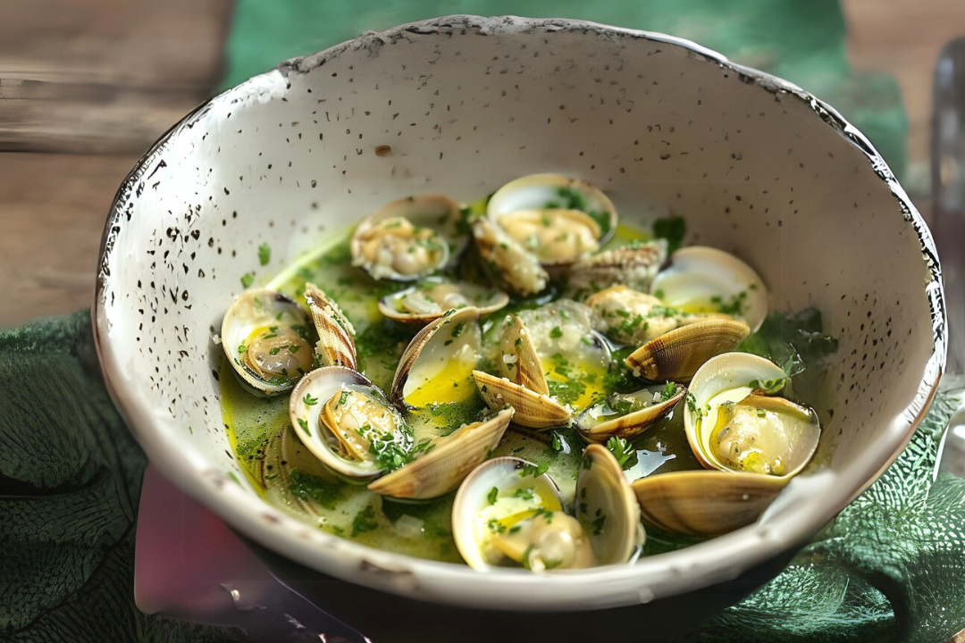 Almejas frescas en salsa verde, servidas en un bol rústico, listas para disfrutar como entrada o plato principal.