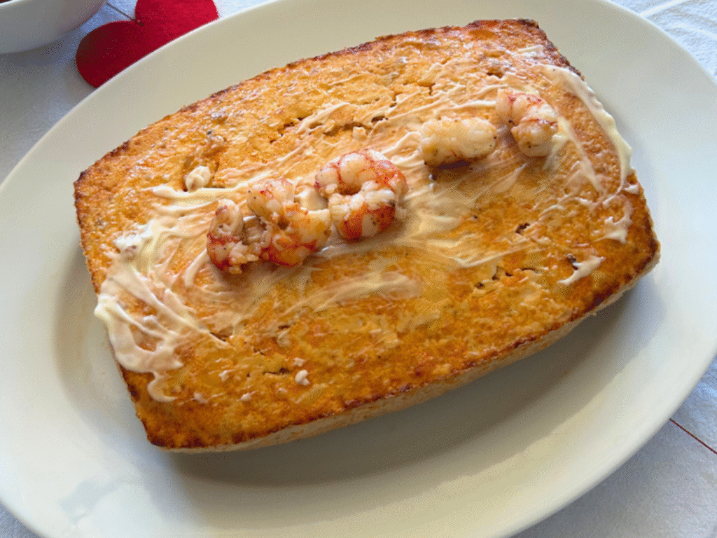 Pastel de pescado casero servido en un plato blanco, ideal para ocasiones especiales o cenas familiares.